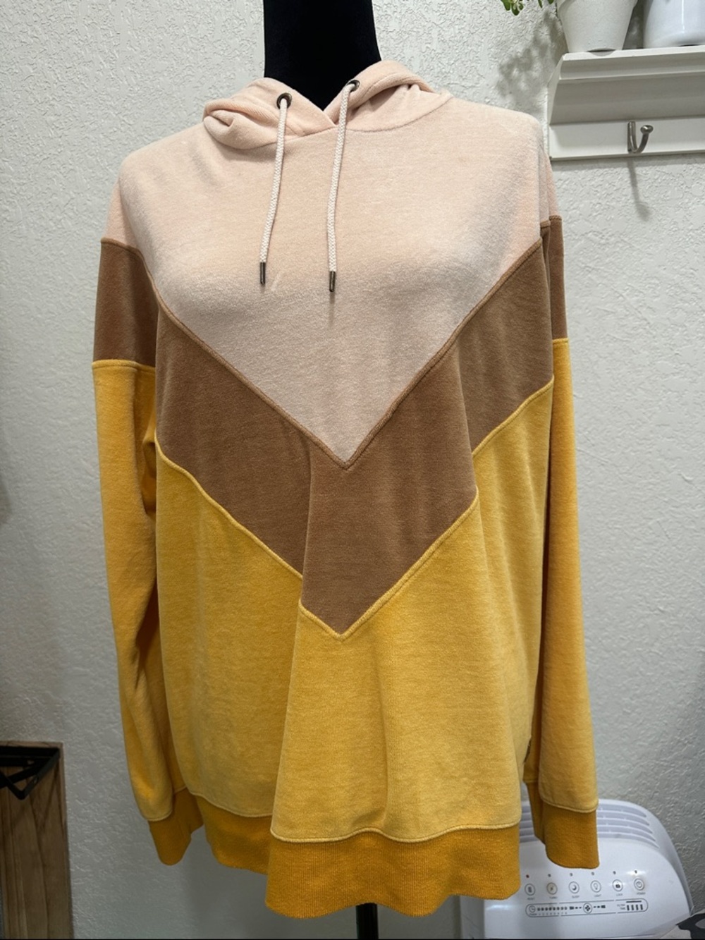 Roxy Colorblock Chevron Hoodie in Pale Pink, Brown & Mustard Retro Velour